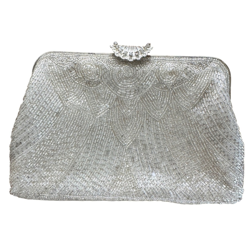 Walborg Vintage Silver Beaded Shell Clasp Evening Clutch Shoulder Bag Art Deco